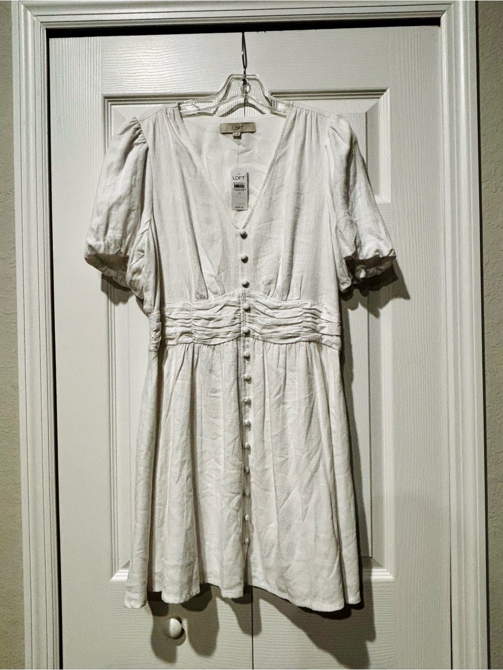 LOFT White V-Neck Button-Front Dress with Ruched Waist